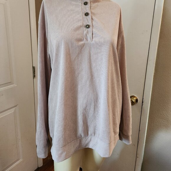 Hengsheng Jeans Pullover Sweater Mens L Beige 4 Button Cotton Elbow Patches VTG - Picture 2 of 12